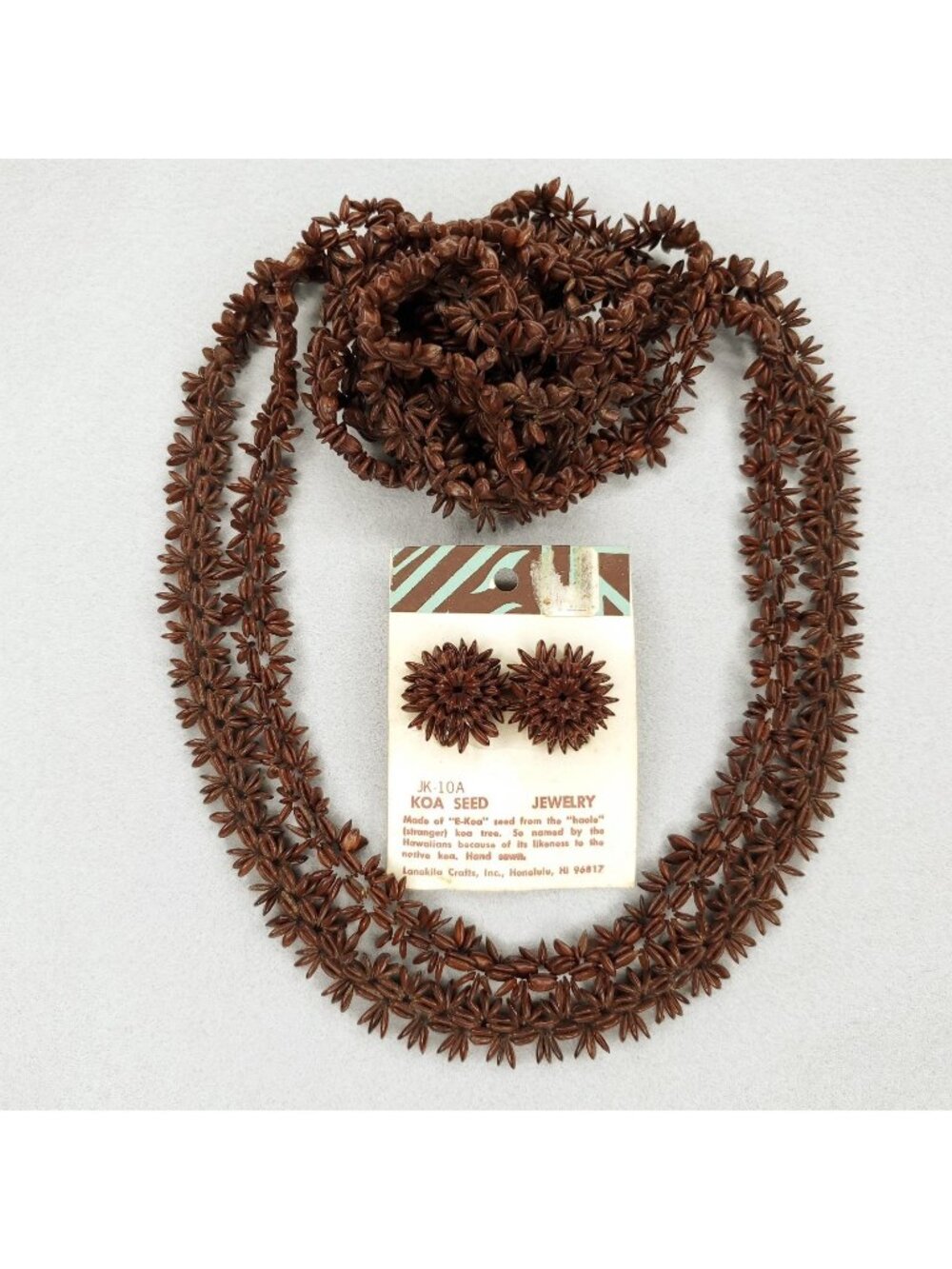 Vintage Koa Seed Necklace Earring Set Brown Long Lei Hawaii Boho Tiki 50"
